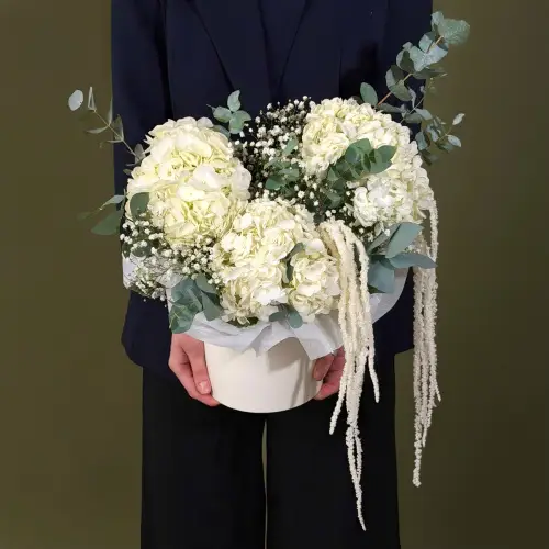 Цветочная композиция из гортензий с гипсофилой в шляпной коробке
